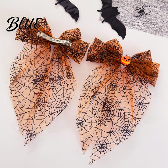 Bow Clip with Long Tails Halloween Spider Web Hair Clip Pumpkin Eyeball Tulle Tails Women Accessories for Holiday Party