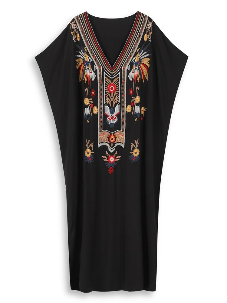 EDOLYNSA Schickes, lockeres Robenkleid im ethnischen Stil mit Stickereien 2024 für Damen, schwarzer V-Ausschnitt, Fledermausärmel, Kaftan, Urlaub, Strand, Bademode, Cover Up Q1688