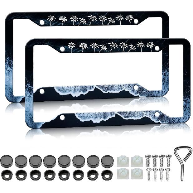 HCSS Blue Hibiscus Flower License Plate Frames - 2 Pack Tropical Hawaii Floral License Plate Holder, Aluminum Metal Rust-Proof Waterproof Car