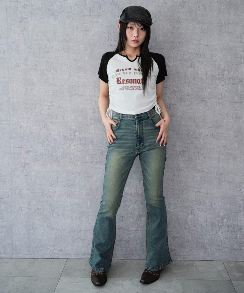 WEGO Stretch Denim Flare Medium Korean Autumn Clothes Women's Pants, Medium, Denim, Girly, Style,