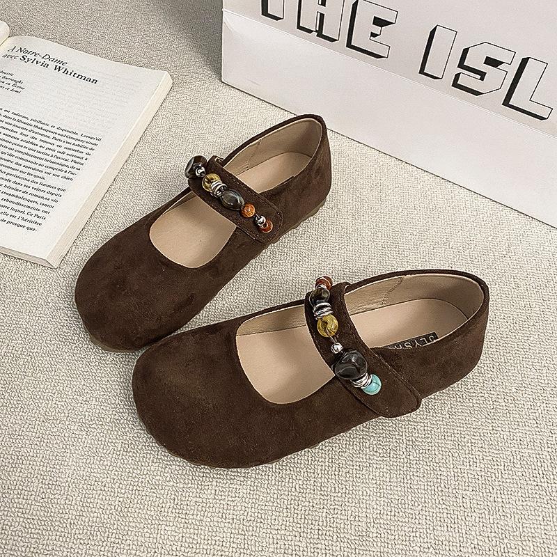 22 years old new single shoes retro round head light mouth metal word belt elegant and beautiful flat Mary Jane single shoes