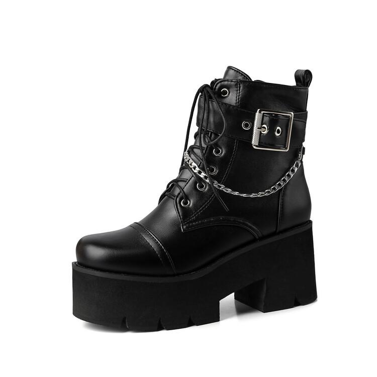 Europe, America, Autumn and Winter New Thick Heel Side Zipper Thick Bottom Fashion Rivet Belt Buckle Muffin Women's Chain Martin Boots