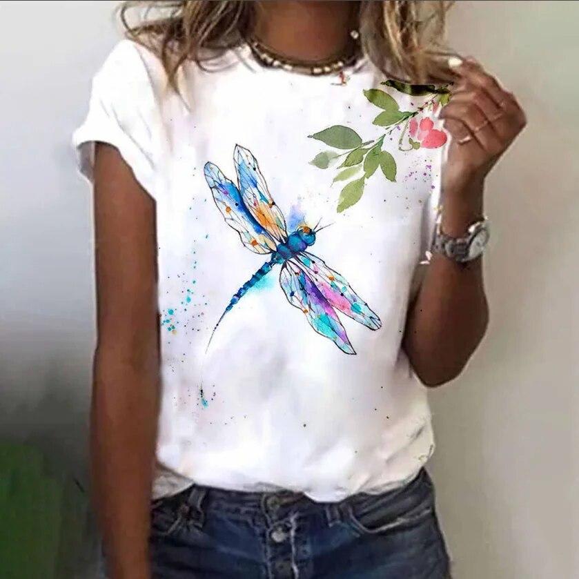 Damska koszulka 3d Dragonfly Printed Girls Top Street O-Neck z krótkim rękawem modna koszulka letnia codzienna koszulka dla kobiet