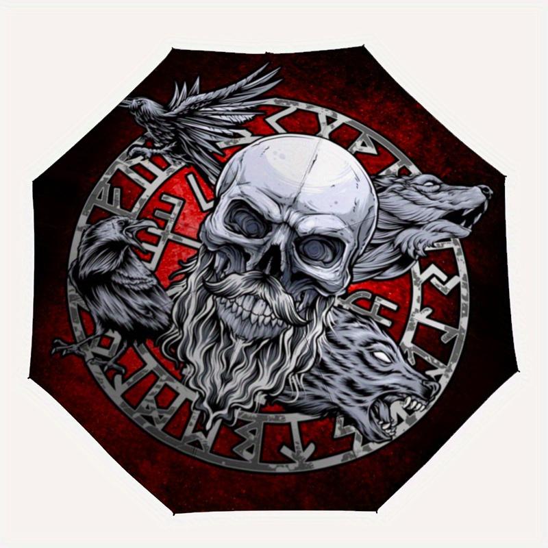 Viking Skull with Ravens and Wolves Circle StickerUmbrella, Portable 3-Fold Compact Umbrella,Christmas Gift ES626