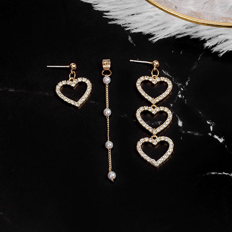 925 Silver Korean Asymmetrical Heart Diamond Pearl Tassel Earrings