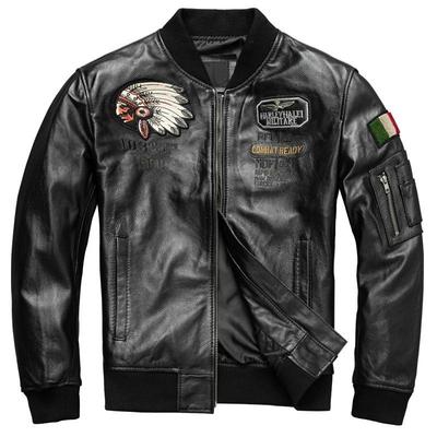 Talla China  Nueva Moda Bordado Chaqueta de Béisbol Abrigo de Cuero Genuino Natural Chaquetas Slim de Cuero de Vacuno para Hombre