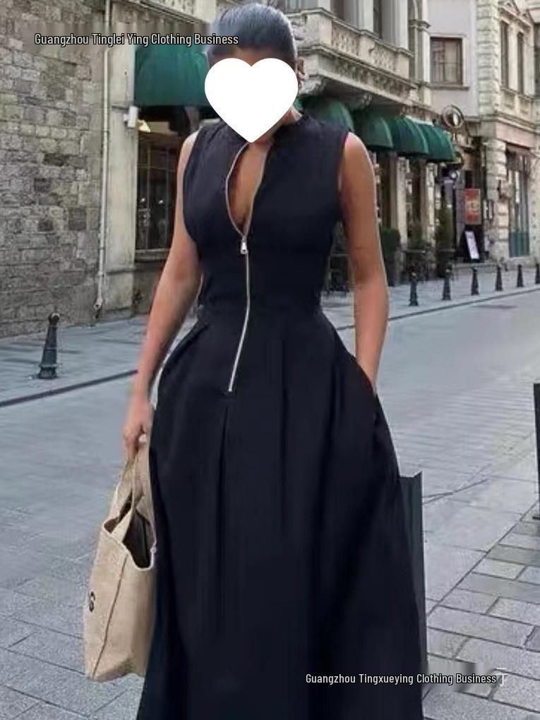 Spring 2026 European & American Style Women's Midi Dress: French Design, Round Neck, Sleeveless, Waist-Cinching, Commuter Chic