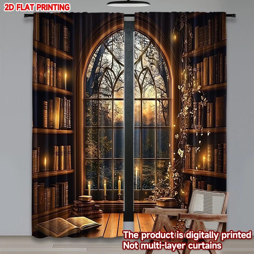 Bogenfenster Waldbibliothek Vorhänge Gemütliches Bücherregal Geheimnisvoller Dunkler Wald Blick Einlagig Realistische Szene Vorhang Set Von 2 Hergestellt Polyester Waschbar