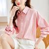 Pink Cotton Long-sleeved Blouse for Women In Spring Latest Thin Pocket Double-line Long-sleeved Blouse for Women