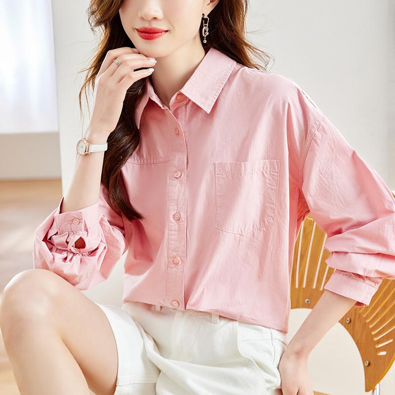 Pink Cotton Long-sleeved Blouse for Women In Spring Latest Thin Pocket Double-line Long-sleeved Blouse for Women