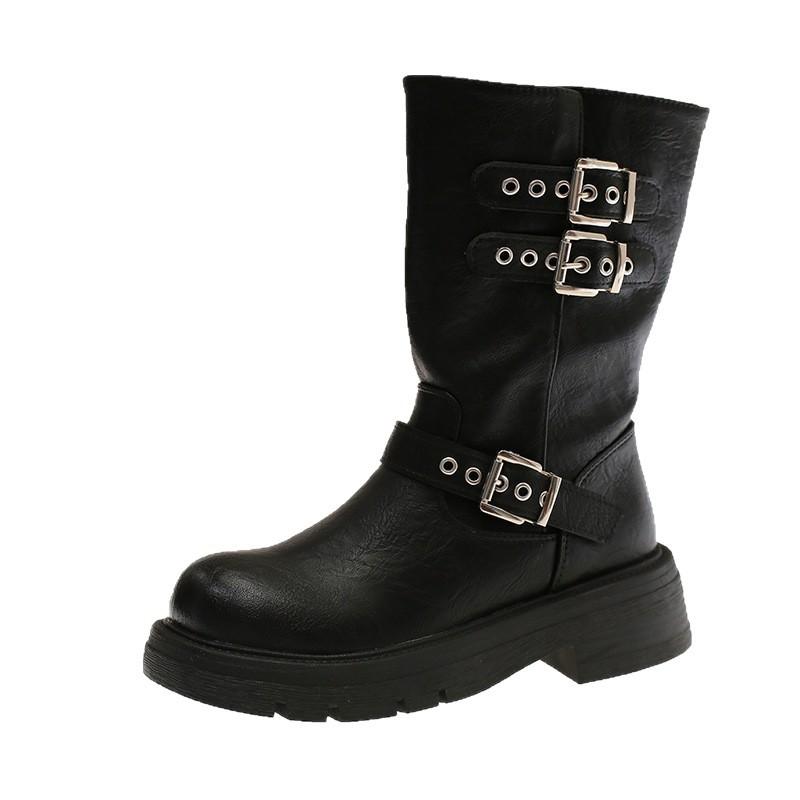 Maillard Plateau Martin Stiefel Damen 2025 Herbst und Winter neu kleine schlanke kurze Stiefel Gürtelschnalle mittelhohe Schaft Ritterstiefel