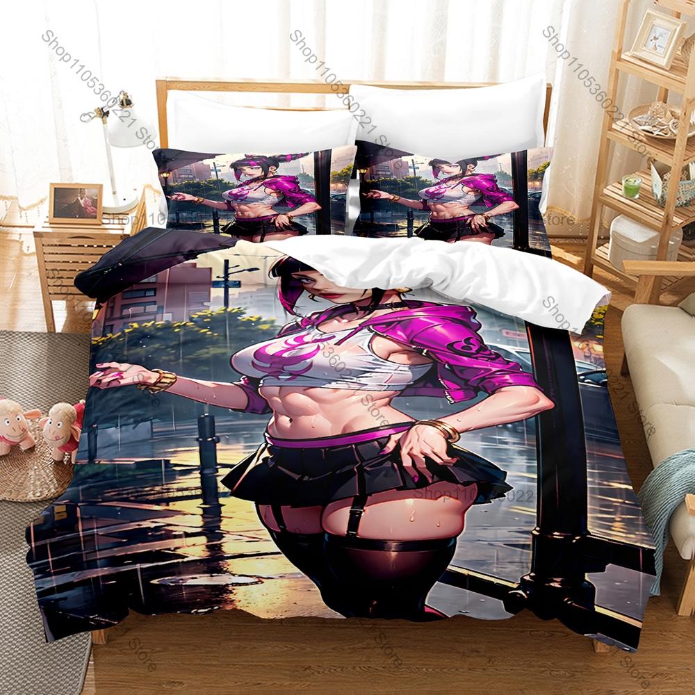Cool Juri Han Purple Spider Outfit Twin Bun Pink Eyepatch Duvet Cover + 2 Pillowcases Capcom Fighting Game Bed Linen