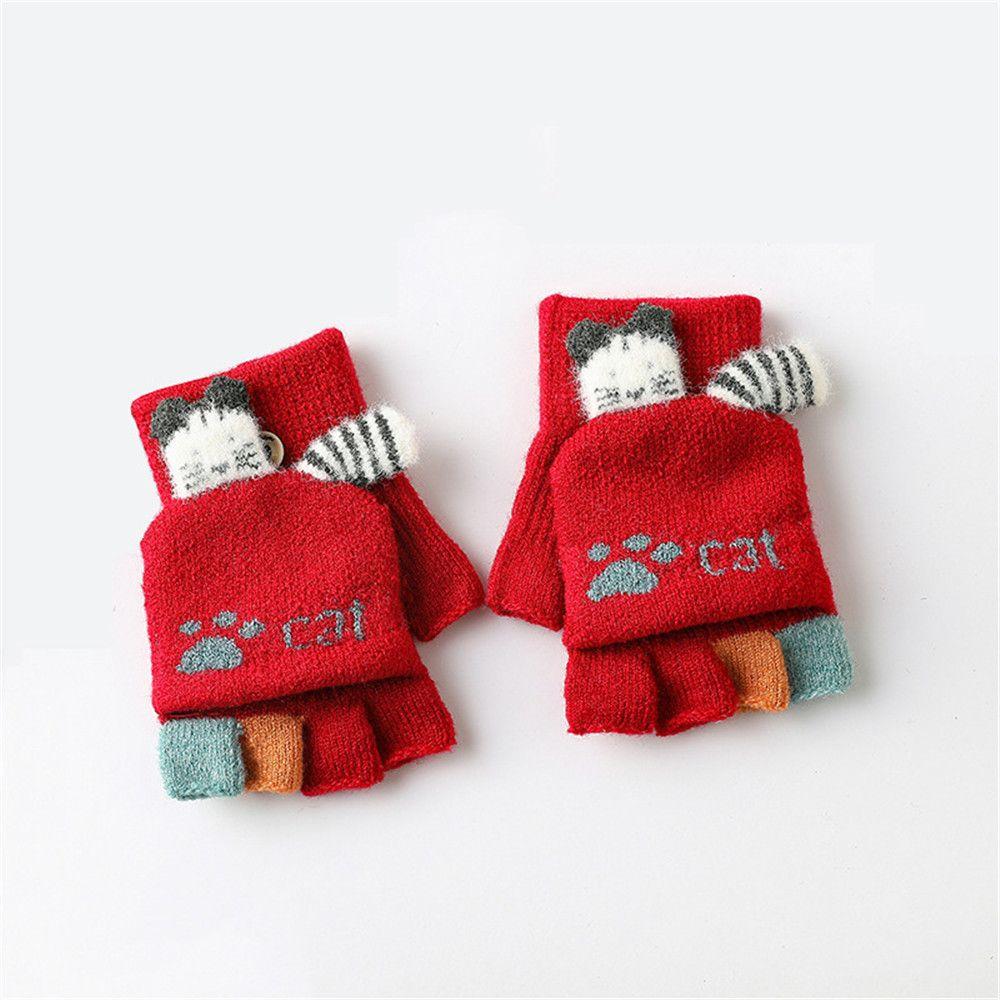 

3-8 Years Old Warm Knitted Boys Girls Thicken Fingerless Gloves Half Finger Flip Mittens червоний