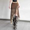 Vintage Artistic Leopard Print Skirt Women High Waist Midi Skirt Irregular Hem