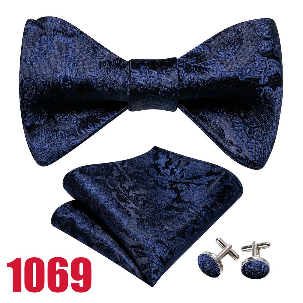 Barry.Wang Herren Fliege Einstecktuch Manschettenknöpfe Schwarz Gelb Elfenbein Schmetterling Fliege Set