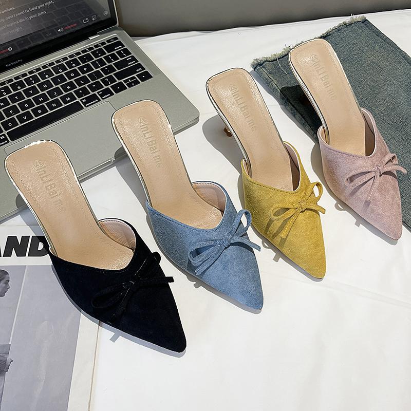 Fashion Pointed Toe Women Mules Slippers Shoes Fashion Butterfly-knot Slip On Slides Design Style Low Heels Banquet Party Sandals Shoes
