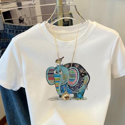 White Baby Elephant Short-sleeved T-shirt Women's Summer Design Sense Niche Versatile and Thin Pure Cotton Casual Hong Kong Chic Top