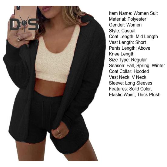 3 Teile/satz Herbst Winter Frauen Mantel Weste Shorts Set Dicken Plüsch Homewear Kleidung Nachtwäsche Mit Kapuze Lange Ärmel Offene Stich Warme Jacke Kordelzug