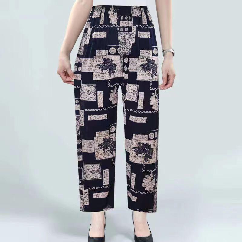 Chinese Summer Ice Silk High-Waist Floral Pants: Casual, Loose-Fit for Middle-Aged & Elderly Women