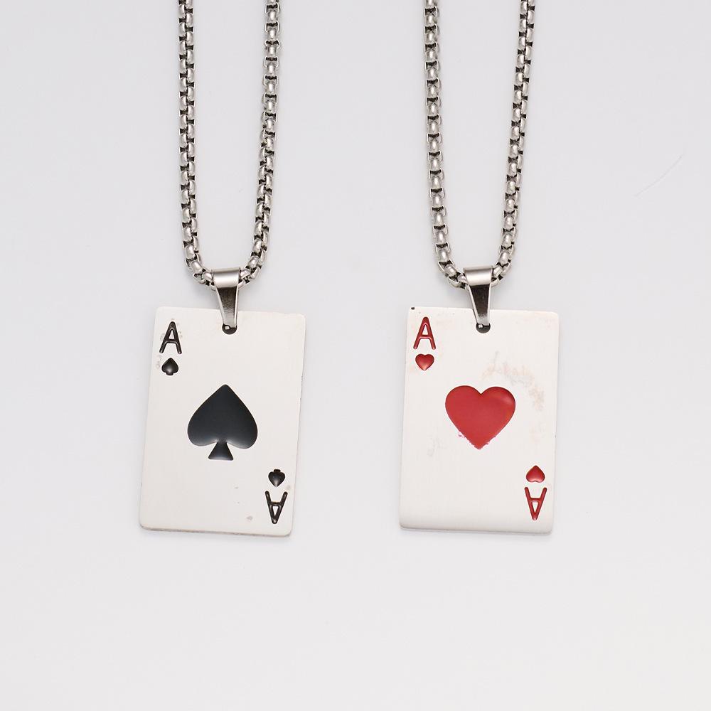 Unisex Stainless Steel Playing Card Necklace: Ace of Hearts & Spades Pendant, European/American Hip Hop Fashion