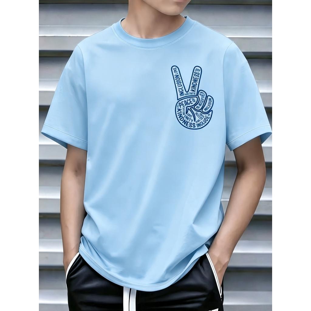 V Gesture Hand Sign Letter Print Men Round Neck Short Tee Ultra Quick Dry Trendy Smooth Light Premium Summer Streetwear Top