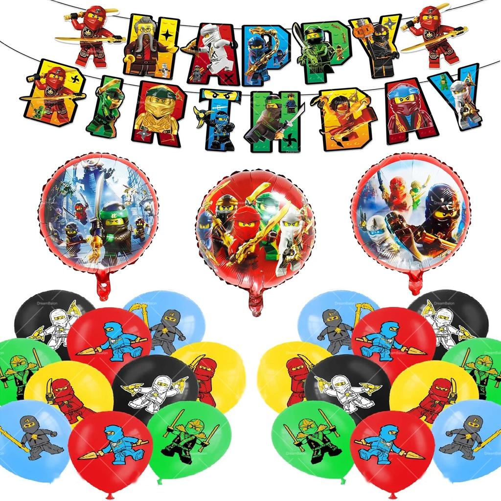 Ninjaed Go Balloons Happy Birthday Banner Legoed Party Decoration Supplies Backdrop Cake Topper Kids Spiral Disposable Tableware