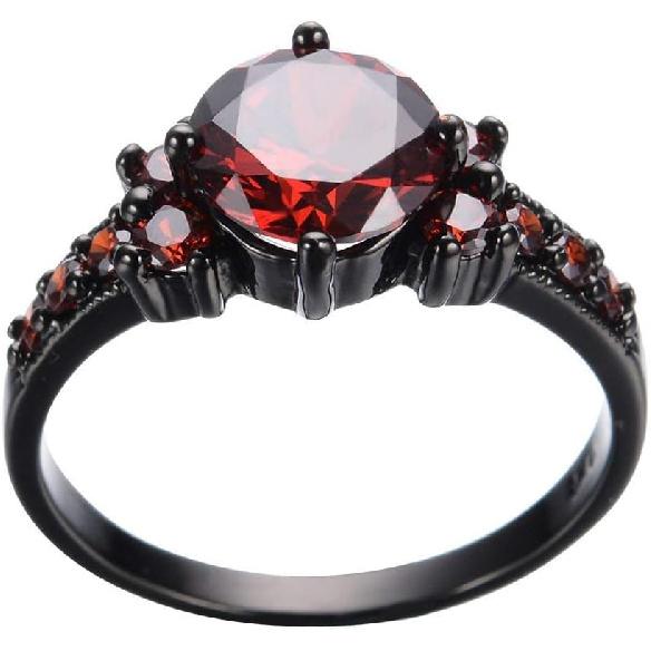 Yuren Vintage Ruby Red Garnet Wedding Promise Band Ring 10KT Black Gold Filled Size 6-10 (Size 9)