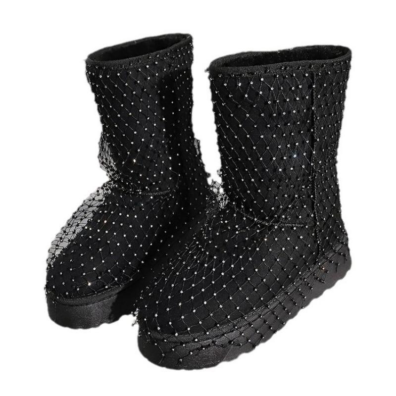 Large Size Winter New Full Diamond Versatile Short Cotton Shoes Piled Thickened Warm Snow Boots Women