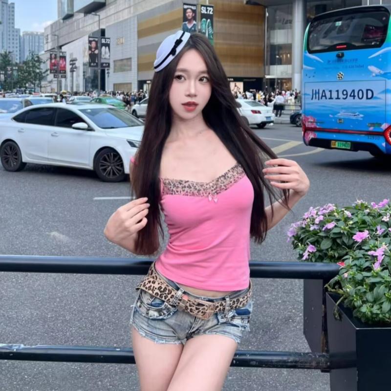 Vintage Leopard Print Stitched Crop Top Women Casual Sleeveless Cute Bow Patchwork Strap Tees Y2k Summer Crop Tops Ladies