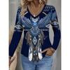 Nuova T-shirt casual da donna autunno e inverno, stile etnico festivo, stampa gufo, tessuto in pile, manica lunga