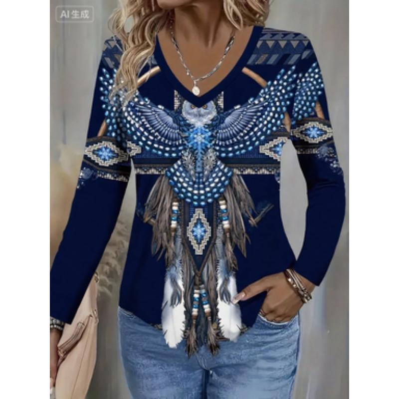 Nuova T-shirt casual da donna autunno e inverno, stile etnico festivo, stampa gufo, tessuto in pile, manica lunga