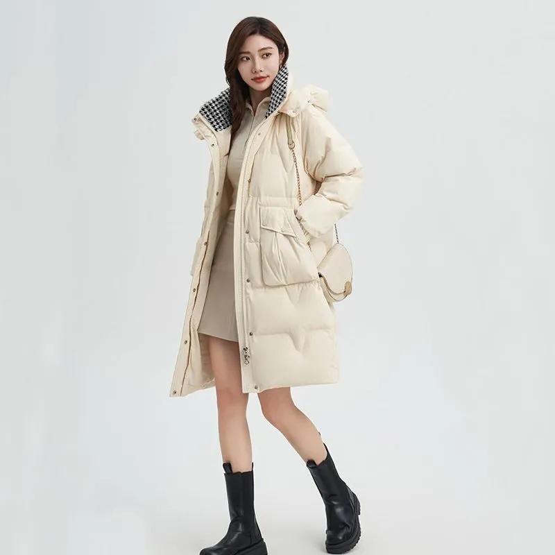 Damen Winter Mittellanger Kapuzenkragen Verdickte warme Jacke Einfarbig Lockere Freizeitjacke