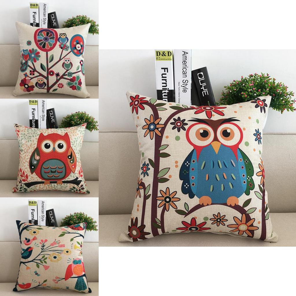 Premium Linen And Cotton Owl Print Square Pillowcases For Sofa And Car Back Cushion