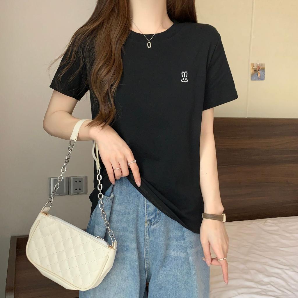 Solid Color Round Neck White Front Shoulder Short-sleeved T-shirt for Women In Summer Loose Slim Bottom Shirt Top Short-sleeved Women
