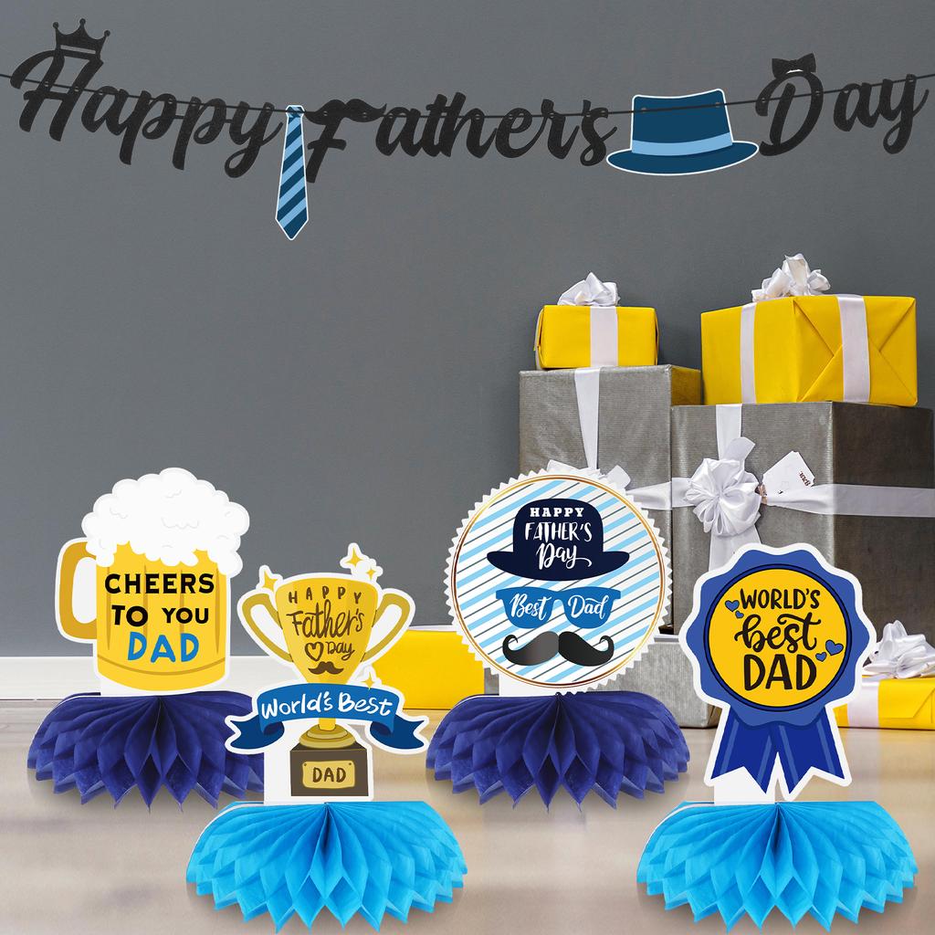 Happy Father'S Day Decorations Glitter Banner Black Blue Father'S Day Honeycomb Centerpieces For Tables 3D Banner Papa'S Theme P