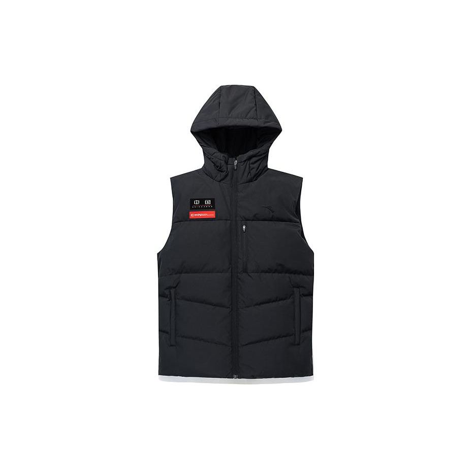 Anta Comprehensive Training Series Patchwork Pattern Full Print Logo Embroidered Hooded Down Vest Men vest Black 152247918-3