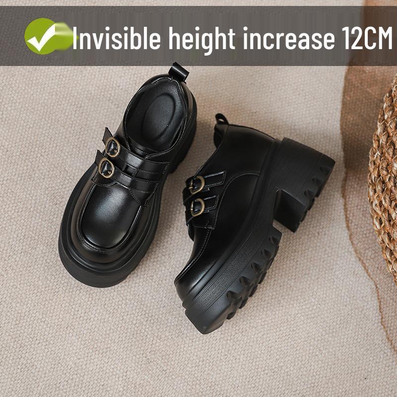 Dámské drobné černé platformové mokasíny - Kolekce jaro/podzim 2025: Všestranné kožené boty JK se silnou podrážkou zvyšující výšku