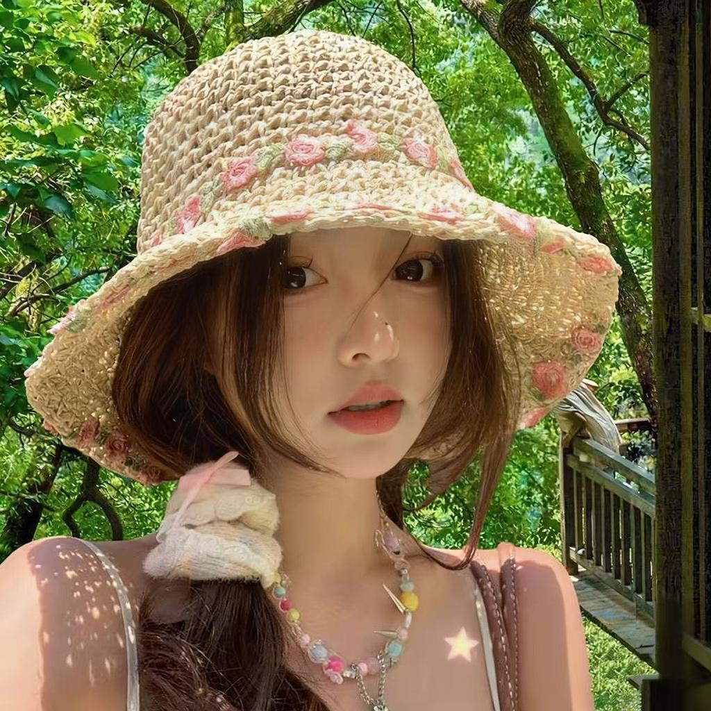Women's seaside bucket hat vacation beach sun hat face cover sun hat sun hat foldable straw hat color