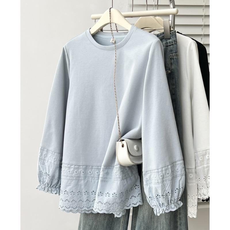 Women S Plus Size Long Sleeve Hollow Out Patchwork Blouse