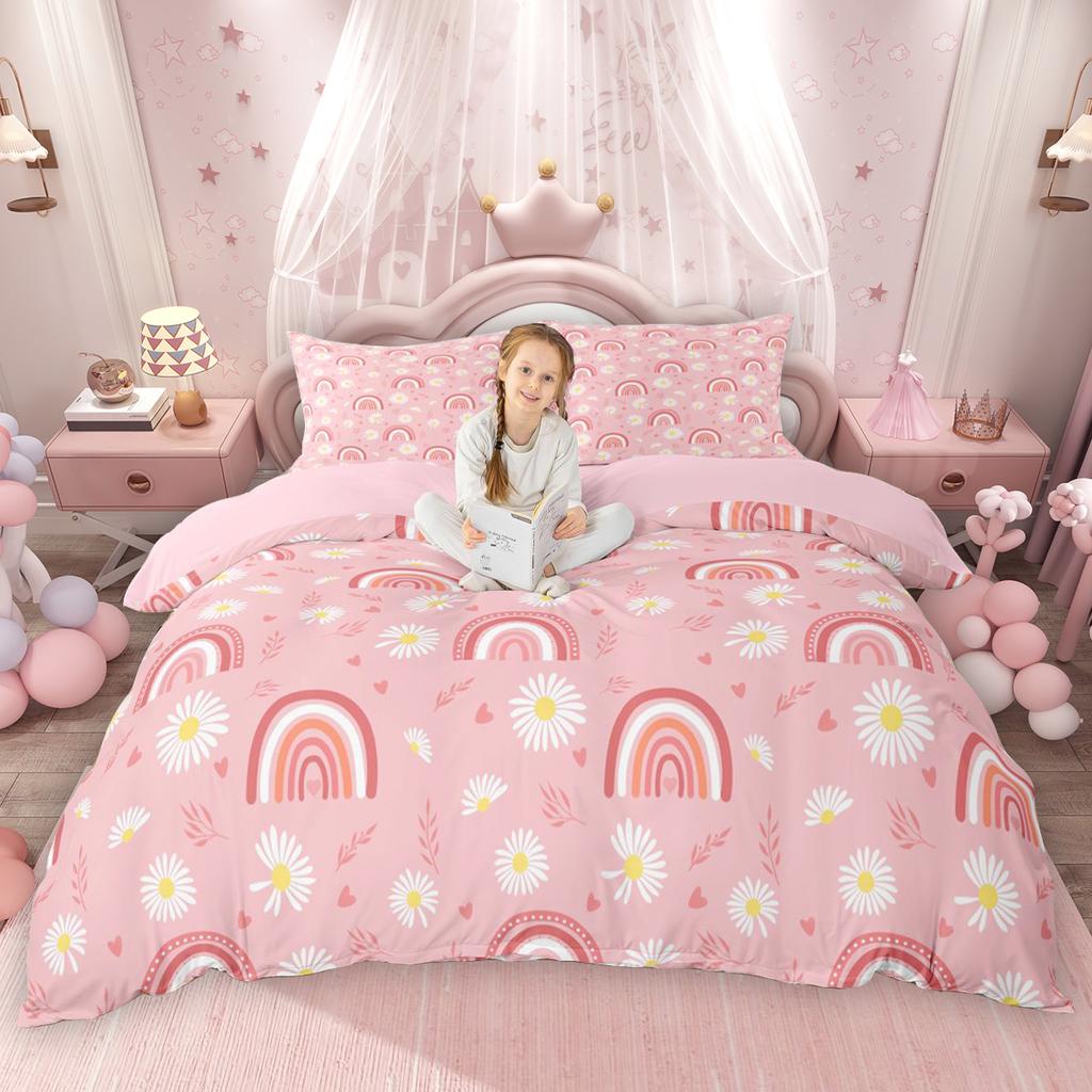 Homewish Kawaii Cherry Bowknot Duvet Cover Set Cute Groovy Flower Bed Set Cartoon Rainbow Quilt Cover Set