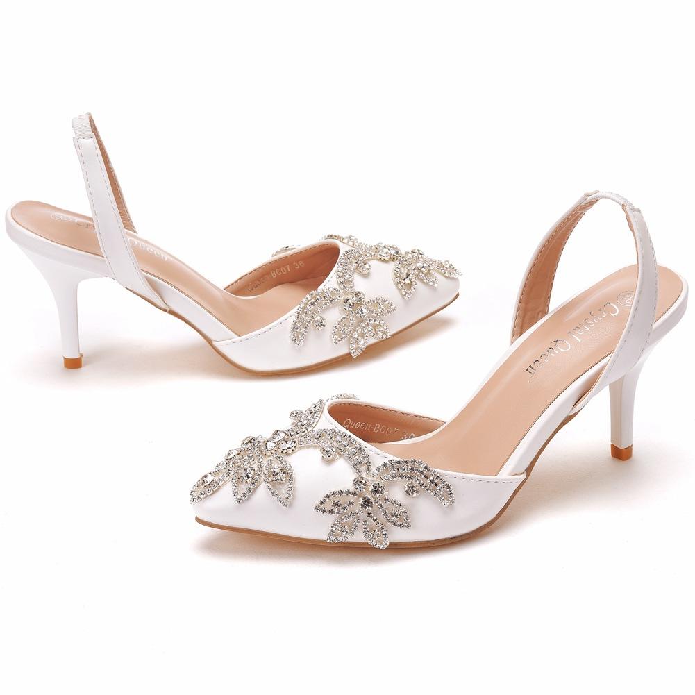 7cm Shallow Tip Toe White Wedding Sandals Thin Heels Small Size Rhinestone Chain Wedding Shoes Bride Wedding Photo Shoes