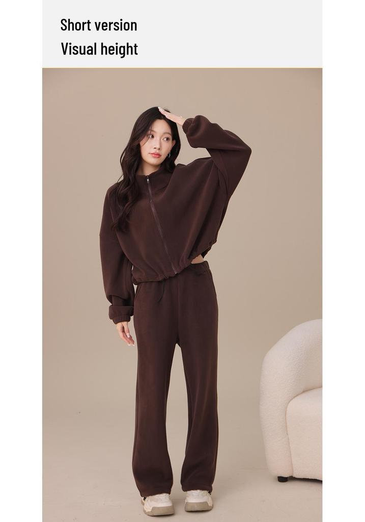 Damen Herbst/Winter Korallenfleece Yoga Set: Zweiseitige Reißverschlussjacke & Warme Weitbeinige Hose