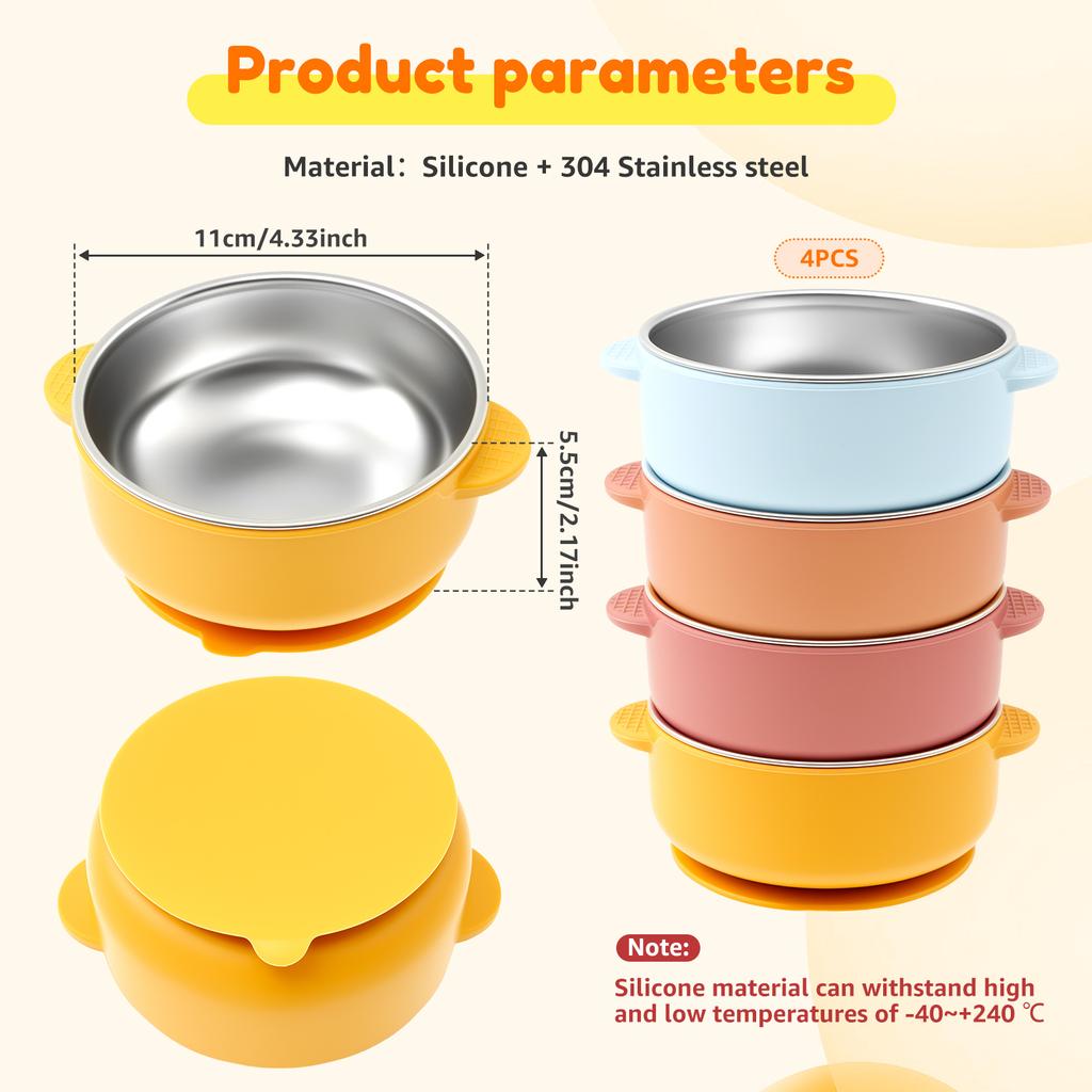 4Pcs 304 Stainless Steel Baby Bowls with Removable Silicone Sleeve Non Slip Toddler Suction Bowls Snack Containers for Toddlers