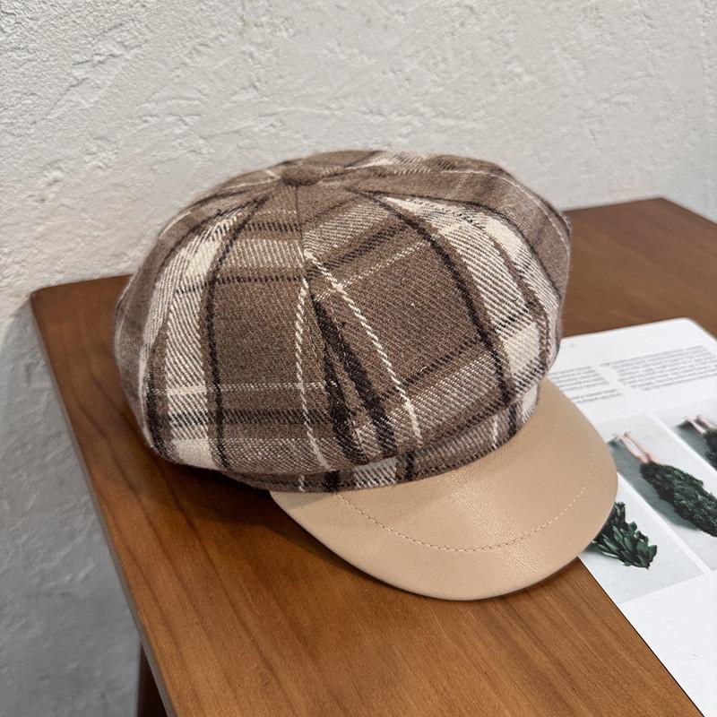 Retro Grid Wool Blended Cap Women Sunshade Cozy Wear Girl Travel Hat Supplies