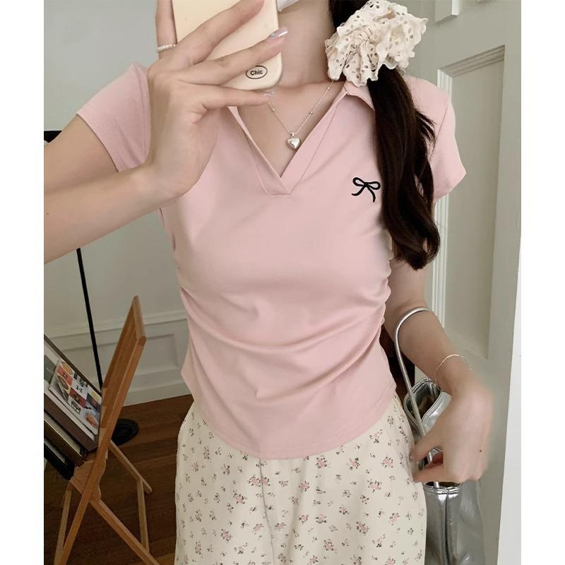 Right Shoulder Short-sleeved Lapel Embroidered Bow T-shirt for Women Summer Waist Slimming Short Polo Collar Top