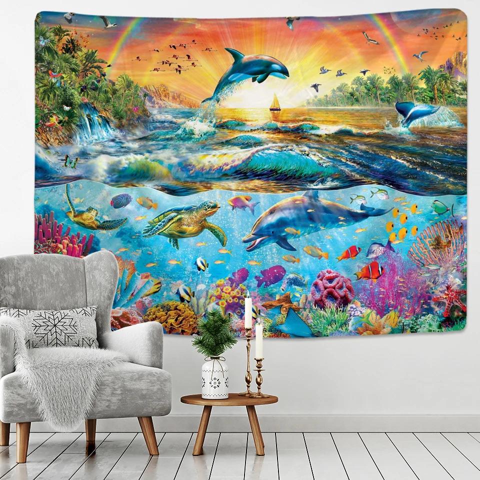 Beautiful Rainbow Big Turtle Dolphin Tapestry Wall Carpets Hanging Ocean Decorative Tapestry Boho Yoga Picnic Mat Beach Towel