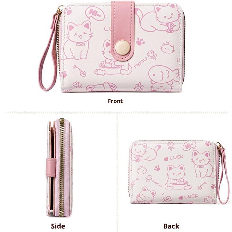 Niedliche Katze PU Leder Geldbörse Damen Kurze Geldbörse Faltbare Reißverschlussgeldbörse Ausweishalter Reise Leichtgewicht Bargeld Münztaschen