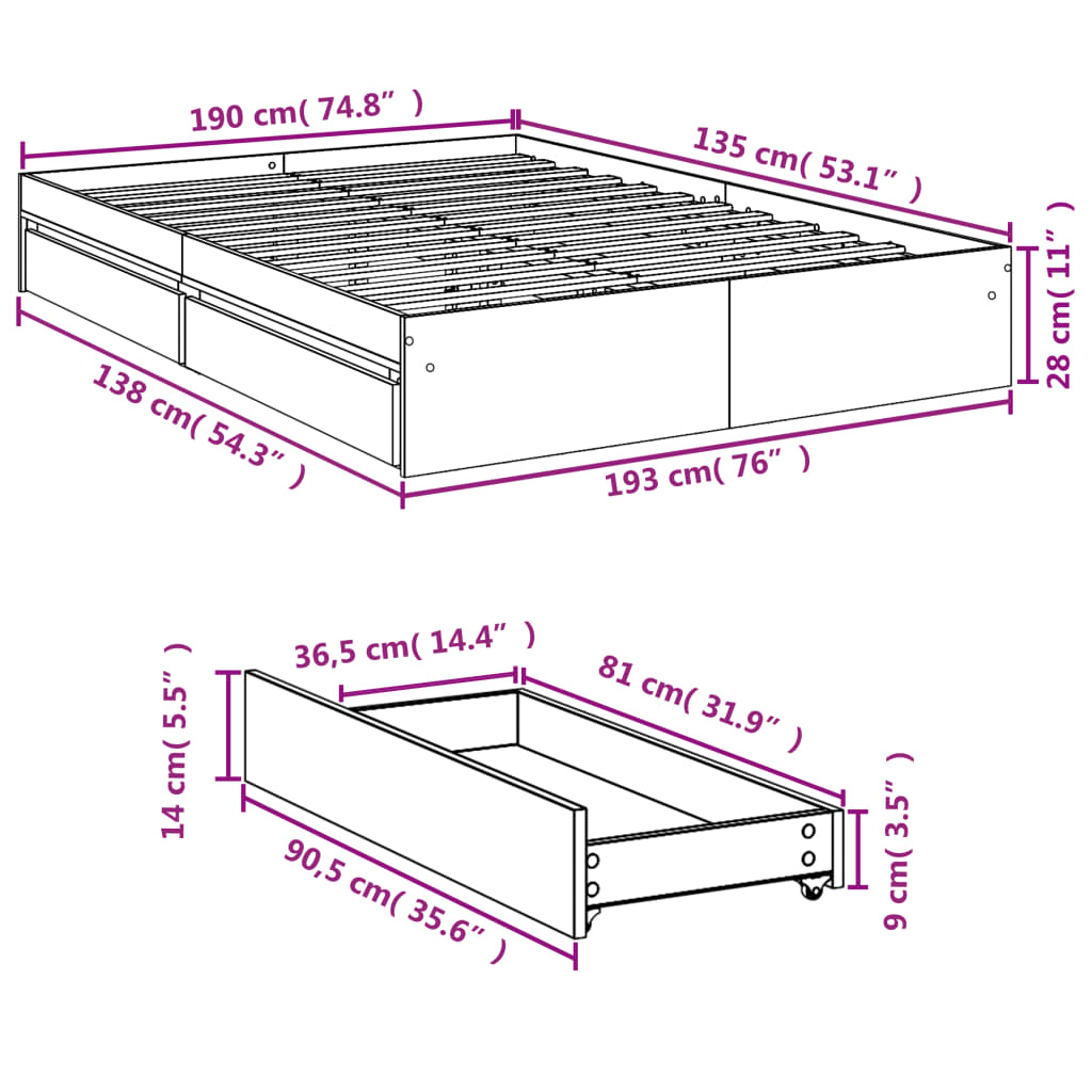 Bed Frame with Drawers Smoked Oak Finish 135 X 190 Cm Engineered Wood