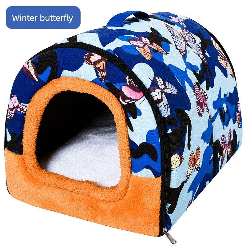 

Tunnel-Type Dual-Use Teddy Poodle Doghouse Cathouse Pet Bed House Nest All Year Round Neutral Pet Supplies S Winter butterfly