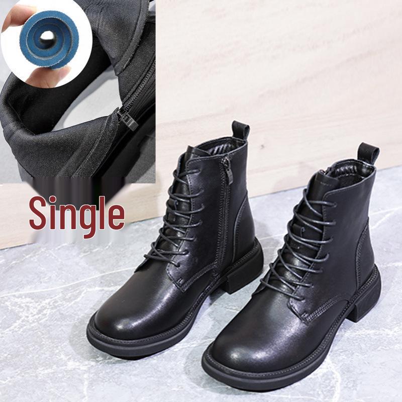 Plus Size Women's Genuine Leather Martin Boots - Flat Heel, Lace-up, Side Zipper, Cowhide, Ankle Boots, Sizes 41–43, Versatile for Autumn 2022.